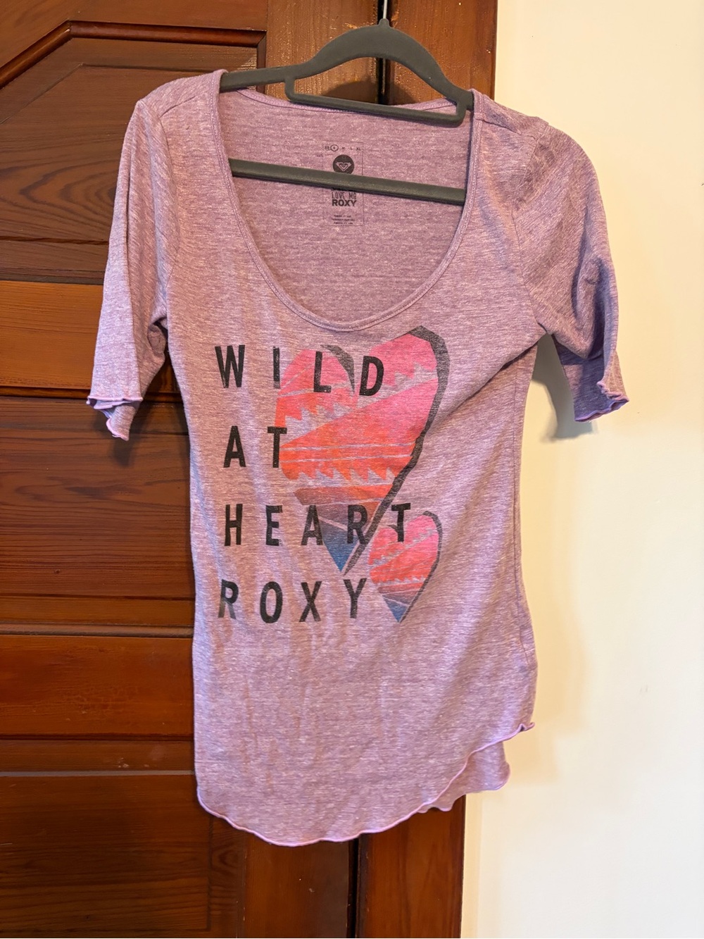 Roxy Lavender Scoop Neck Tee with Coral Heart Graphic